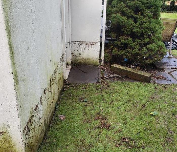 The back wall of a home with a 3 feet water mark and flood debris